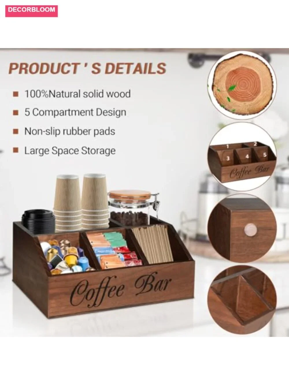 Coffee Station Organizer, Wood Countertop Storage Basket for Pods & Cups